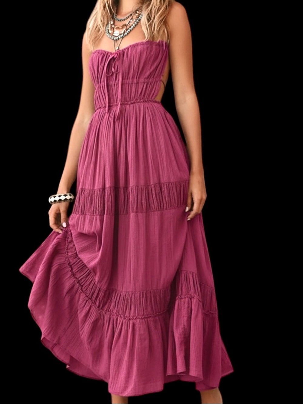 Free People Backless Strapless Tiered Maxi Dress in Magenta